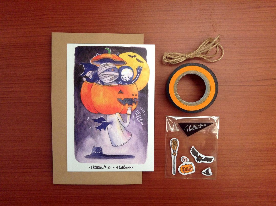 万圣节明信片halloween 水彩插画明信片 - 卡片/明信片 - 纸 橘色