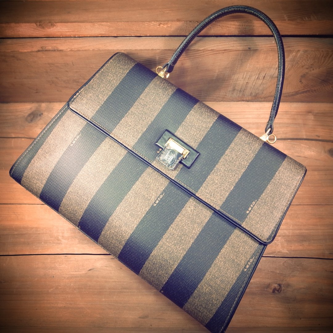 [ 老骨头 ] 早期 Fendi 经典条纹x真皮 手提包 凯莉包 绝版真品 古董包 Vintage - 手提包/手提袋 - 真皮 黑色