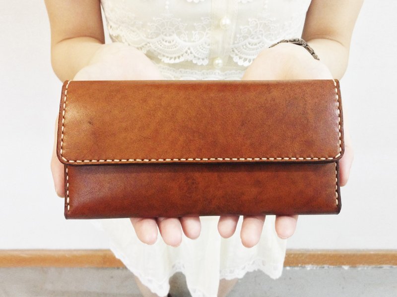 MICO 手缝皮革12咭简约长夹 - 皮夹/钱包 - 真皮 橘色