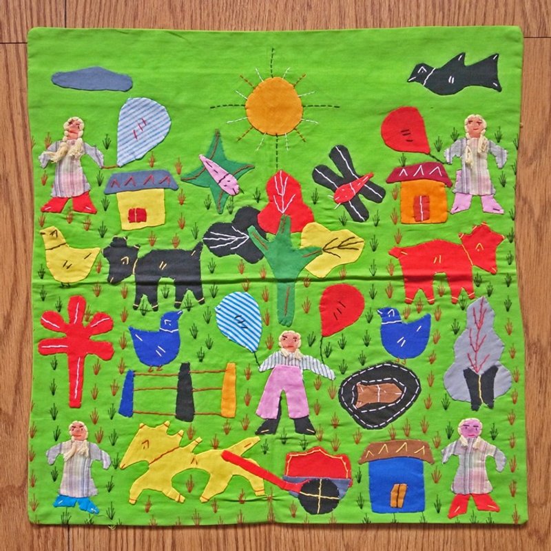 印度手作拼布村庄抱枕套 草绿 - 枕头/抱枕 - 棉．麻 绿色