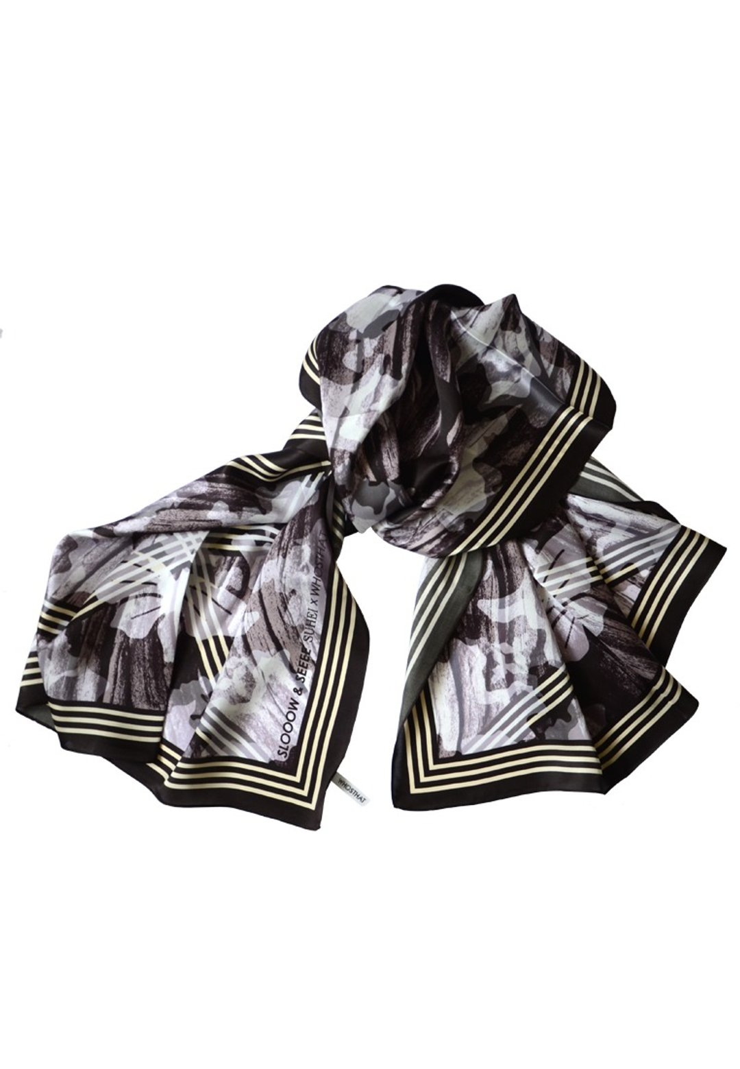 原创印花图案 黑白真丝色丁颈巾 (树与生物) - 丝巾 - 丝．绢 黑色
