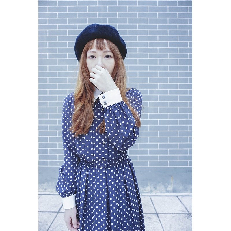 【你 好 嬉 皮 Hello Hippie】深蓝色点点有领古着洋装 - 洋装/连衣裙 - 其他材质 蓝色
