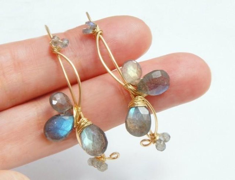 Labradorite Gold hoop earrings 14kgf - 耳环/耳夹 - 其他金属 灰色