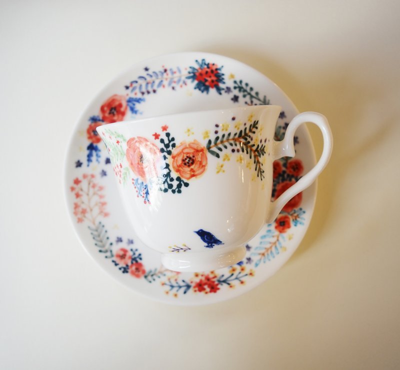 手绘咖啡杯组/花圈与小青鸟 - 咖啡杯/马克杯 - 瓷 红色