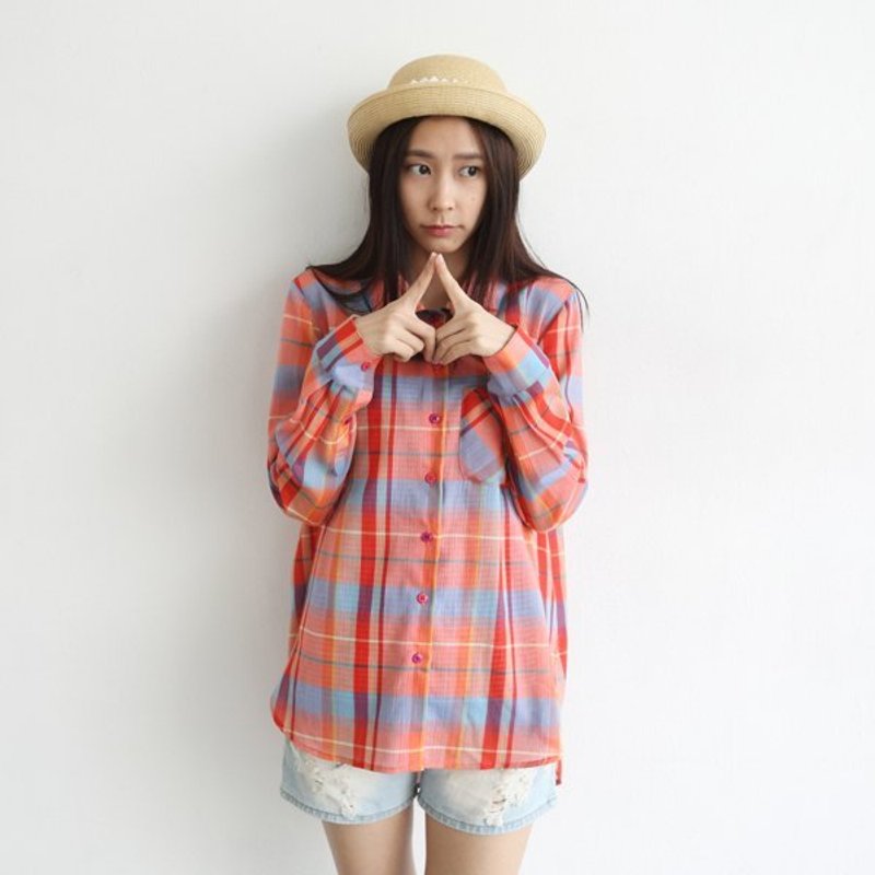 彩扣自然棉麻格纹百搭衬衫_橘 - 其他 - 其他材质 橘色
