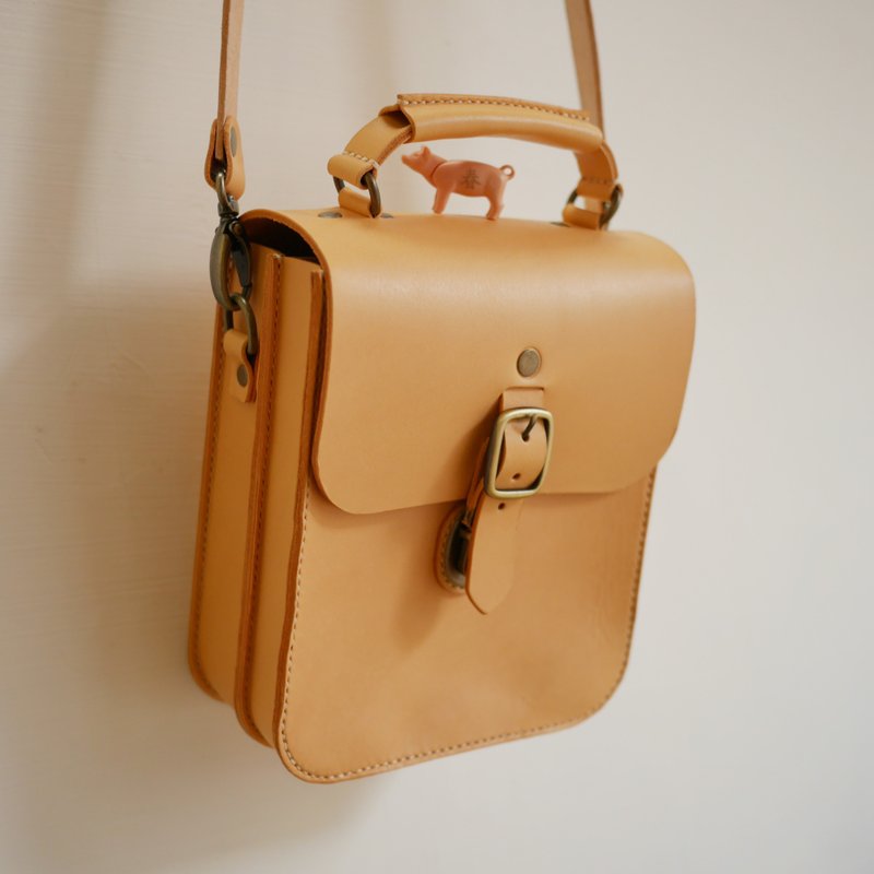 复古双层手提侧背包 - 手拿包 - 真皮 咖啡色