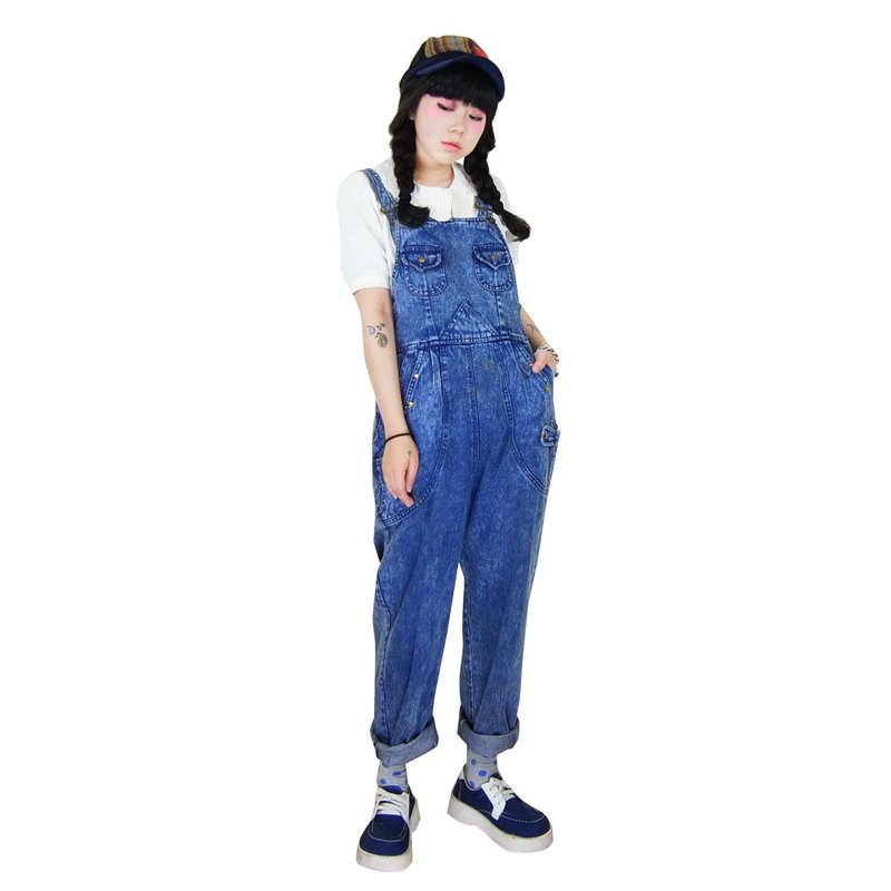 A PRANK DOLLY - 复古着VINTAGE深蓝雪花造型铆钉古着牛仔吊带长裤 - 背带裤/连体裤 - 其他材质 蓝色