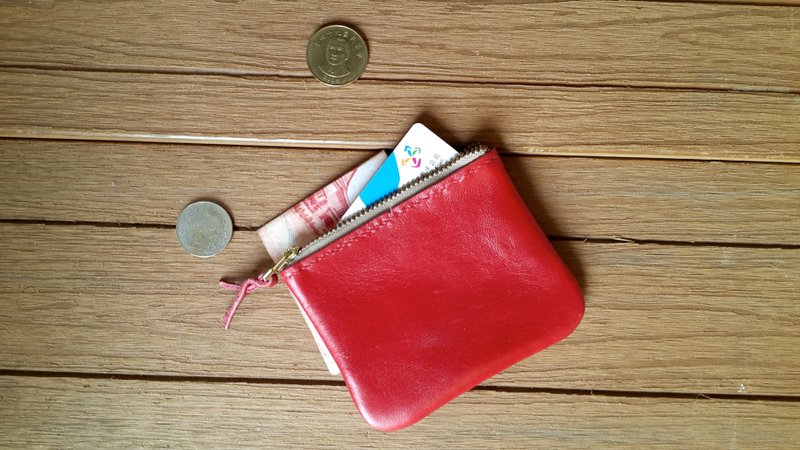 011 手缝深红色水洗皮拉链式零钱包 - 零钱包 - 其他材质 红色