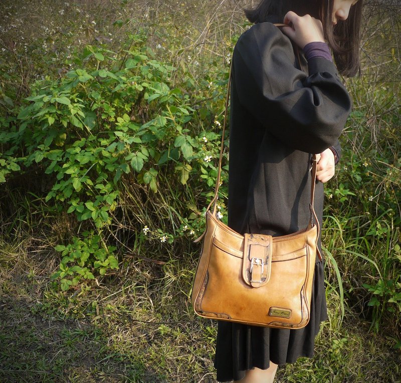 ShiKa夕卡//橘黄拼花斜背包 - 侧背包/斜挎包 - 其他材质 