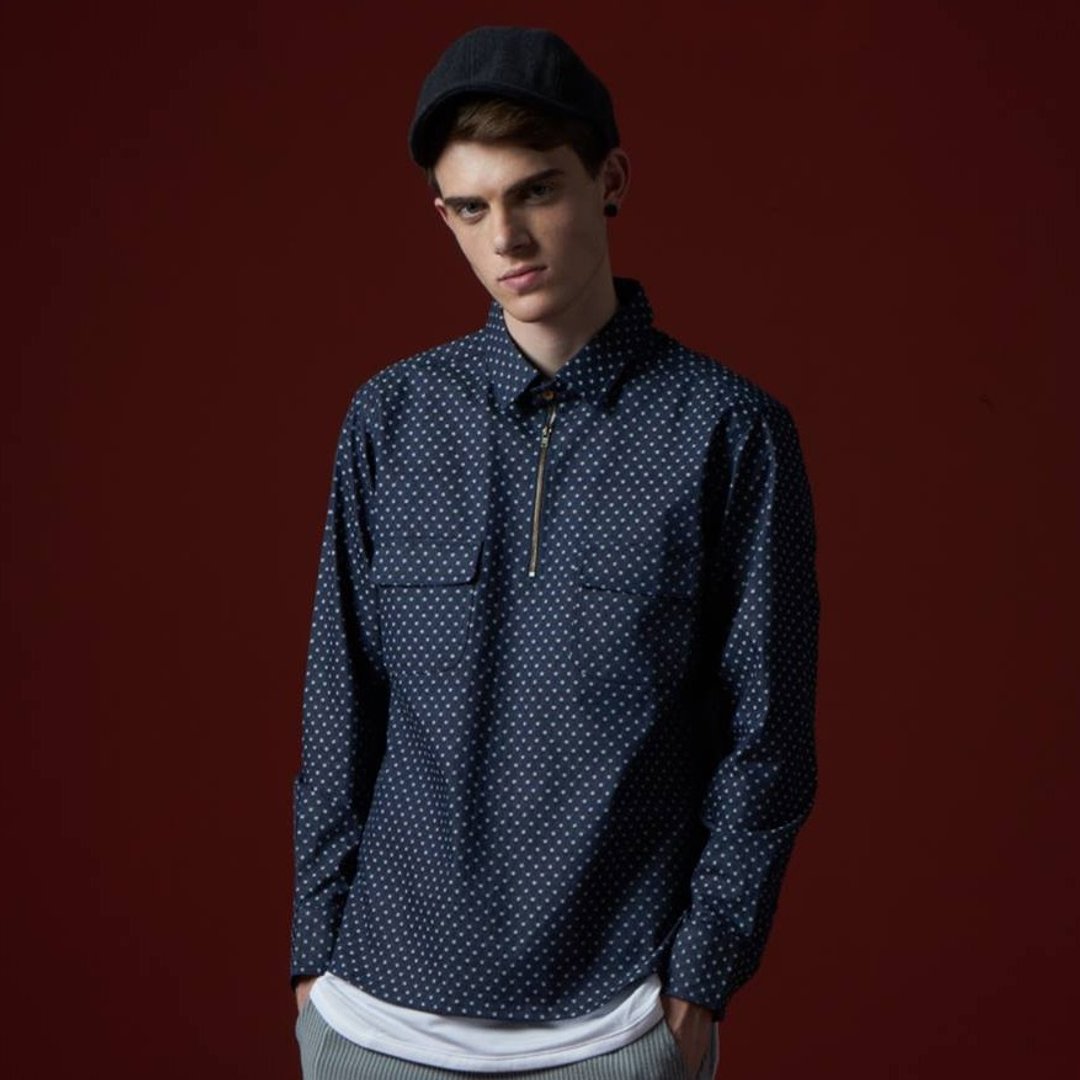 Stone'As Denim Shirt With Zip / 牛仔 单宁 点点 拉链 衬衫 - 男装衬衫 - 棉 蓝色