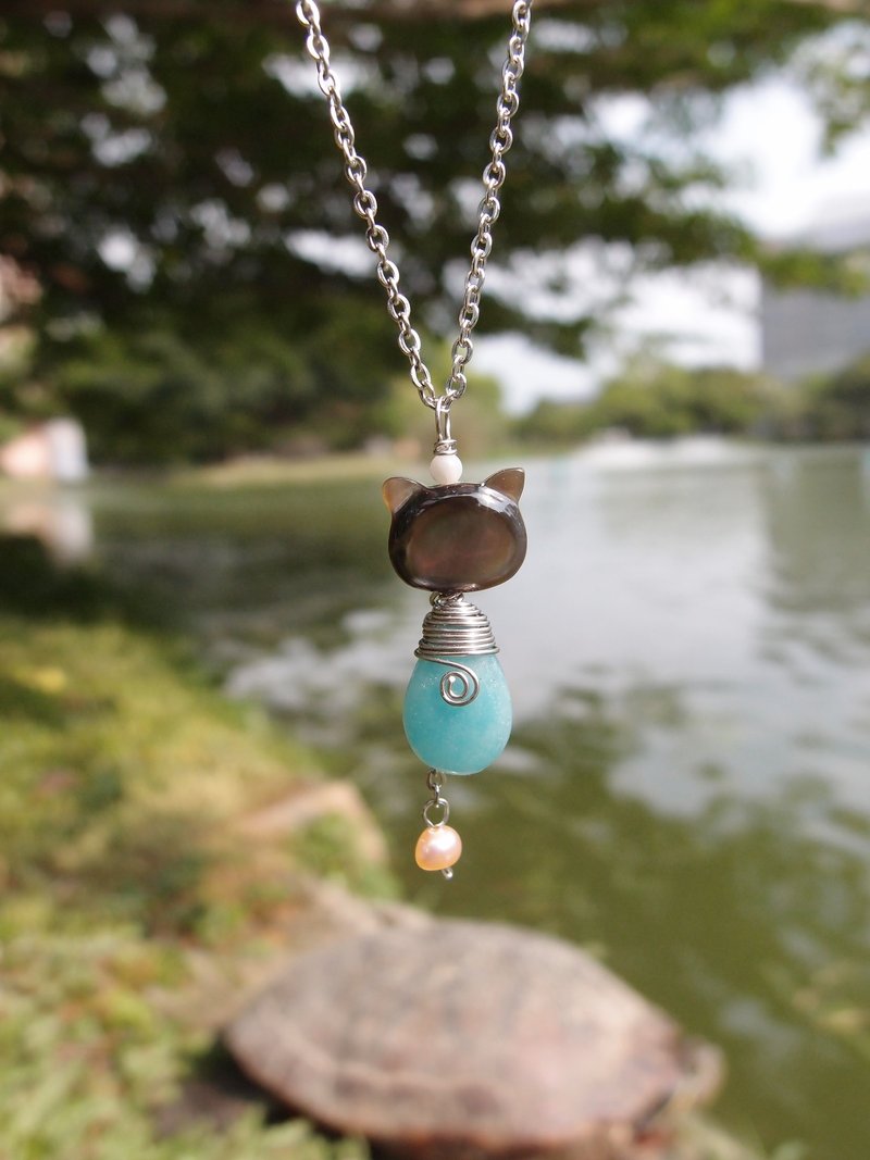 《DODOWU手作轻珠宝》~【※神清气爽 天河石 小猫链】天然石锁骨.短链/钢抗过敏/不退色 - 项链 - 纸 蓝色