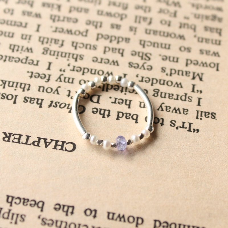 Journal(字母M - Mermaid细致软戒指)-清透坦桑石、淡水珍珠、纯银手作 - 戒指 - 其他材质 蓝色