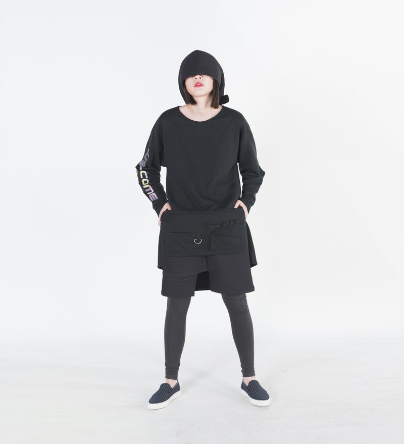 Xenia 长版侧开衩两穿卫衣 - 女装上衣 - 棉 黑色
