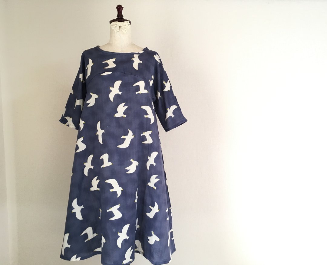 Gull of flare dress: soft double gauze: Navy - 洋装/连衣裙 - 棉 蓝色