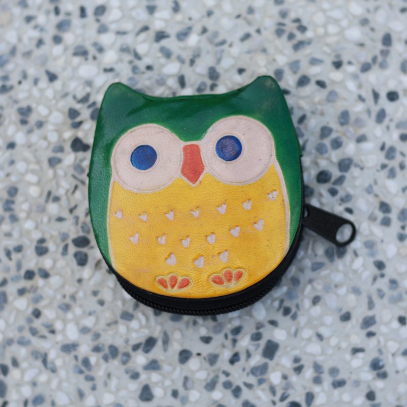 山羊皮零钱包-绿色猫头鹰-公平贸易 - 零钱包 - 真皮 绿色