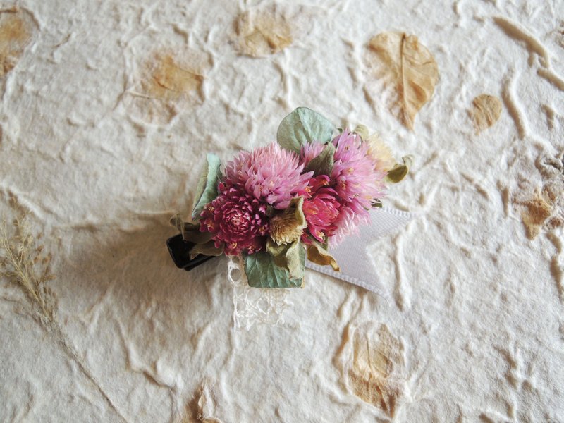 微甜·圈 手作 粉色 粉千日红 古典蓝绣球 缎带 发夹 新娘发饰 - 发饰 - 植物．花 粉红色