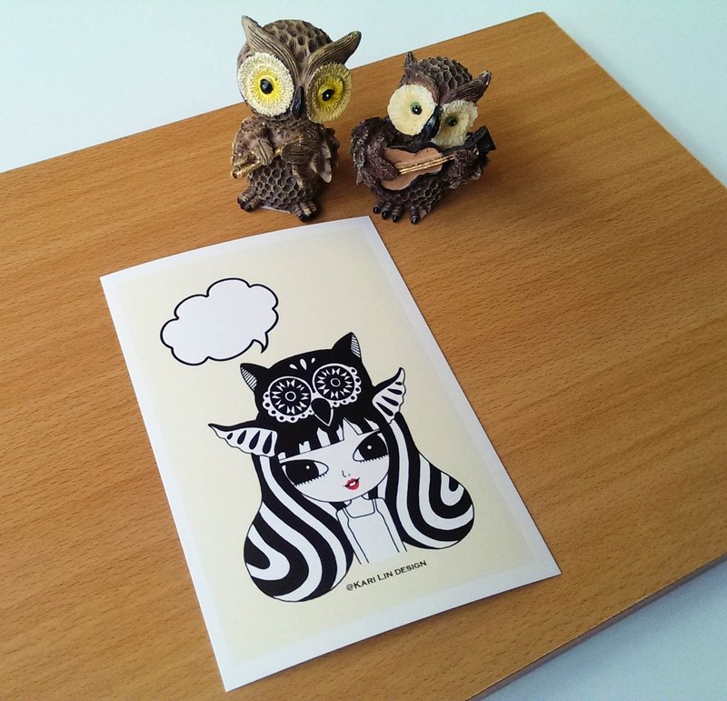 黑白猫头鹰 插话动物员 插画明信片 - 卡片/明信片 - 纸 多色