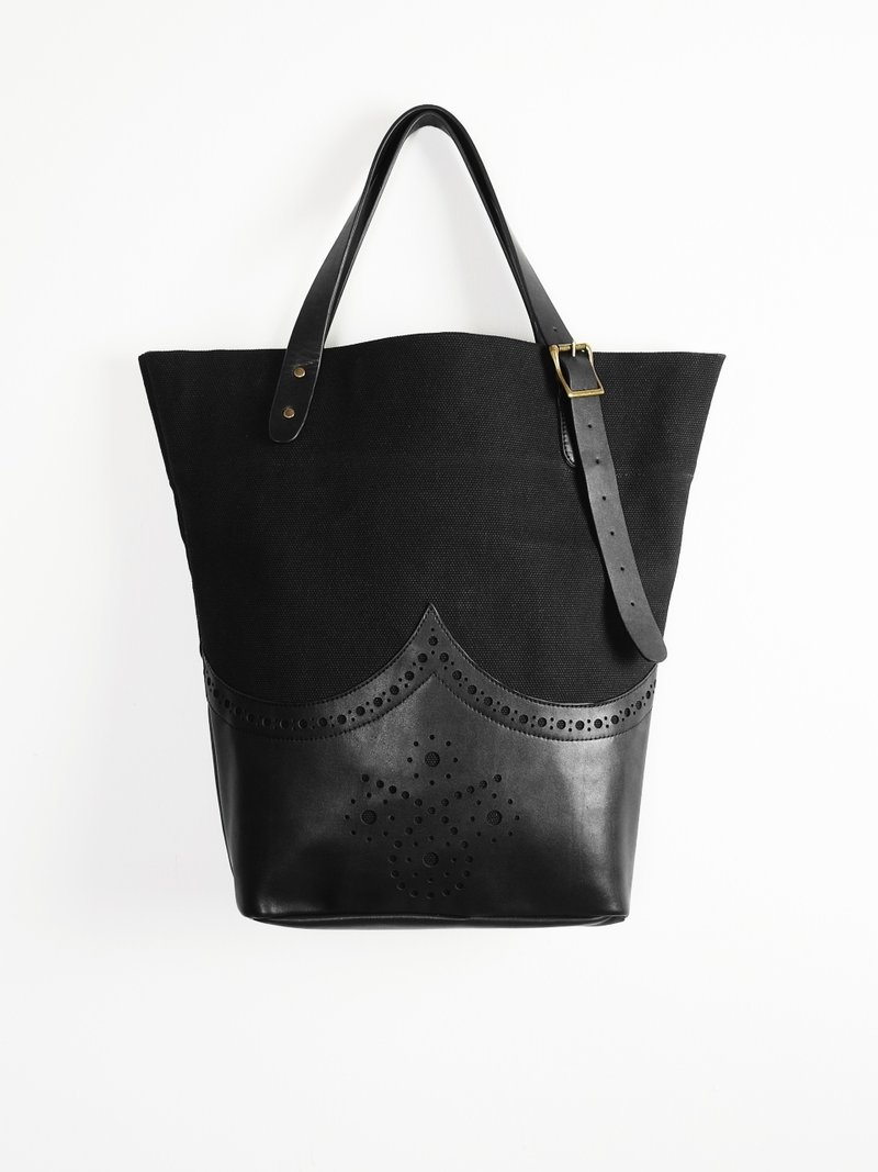 sample leather X 漾品 帆布牛津包 手工 机缝 帆布结合皮革 英伦风 牛津 托特包 ‘设计款’ - 手提包/手提袋 - 真皮 黑色