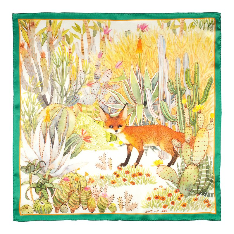 双成记｜艺术家合作款｜热烈岛 印花真丝缎面小方巾 橙色 - 丝巾 - 丝．绢 绿色