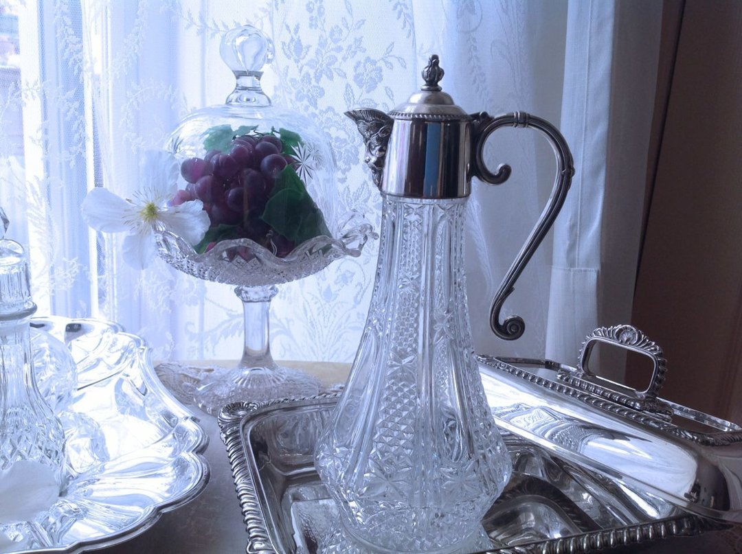 英国制古董手工水晶雕花镀银醒酒瓶,水瓶, 花瓶, 果汁瓶 冷水壶 - 酒杯/酒器 - 水晶 白色