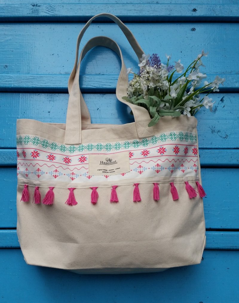 北欧桃红绿色图案桃红小流苏包包手提包肩背包侧背包 - 侧背包/斜挎包 - 其他材质 白色