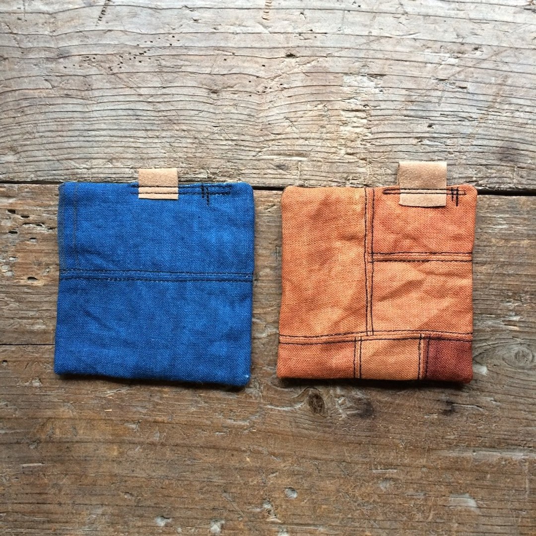 Purple coasters of persimmon juice, indigo dye linen - 杯垫 - 棉 咖啡色