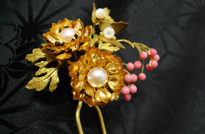 春。牡丹艳 蝶戏牡丹珍珠珊瑚簪。古典发簪 - 发饰 - 宝石 粉红色