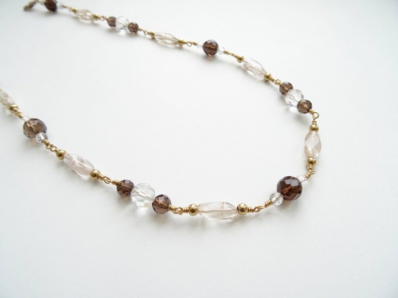 ::复古唐顿:: 茶晶 (烟晶)  x 白水晶 x 金发晶黄铜项链 - 项链 - 宝石 咖啡色