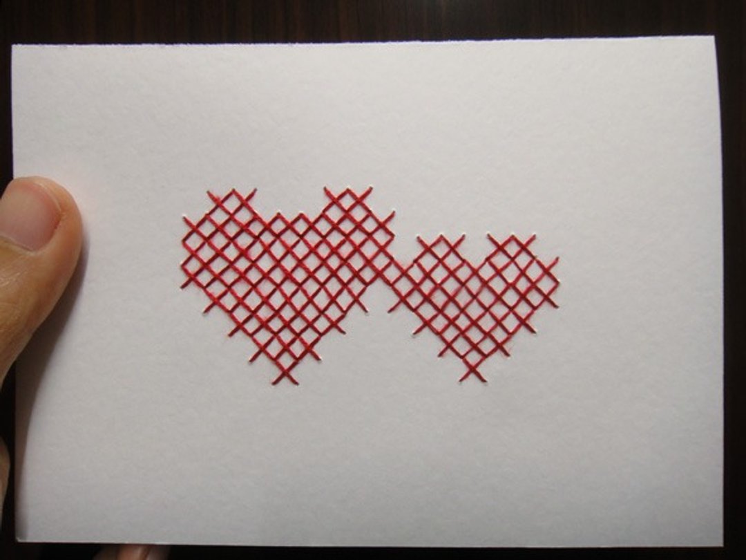 心心相印 刺绣卡片 - 卡片/明信片 - 绣线 红色