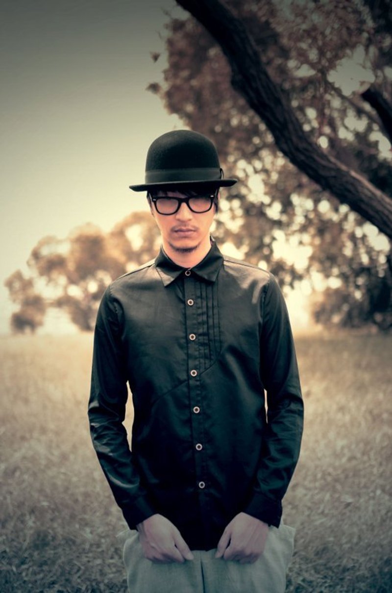 Machismo-丝光棉平塔克剪接衬衫 - 男装衬衫 - 其他材质 黑色