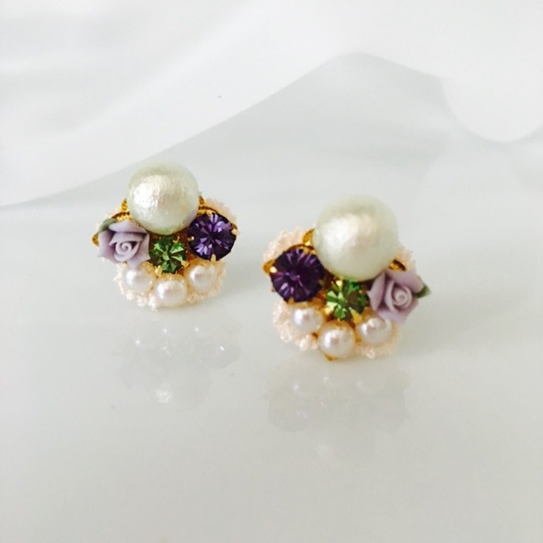 Mint green ☆ cotton pearl ☆ earrings - 耳环/耳夹 - 其他材质 紫色