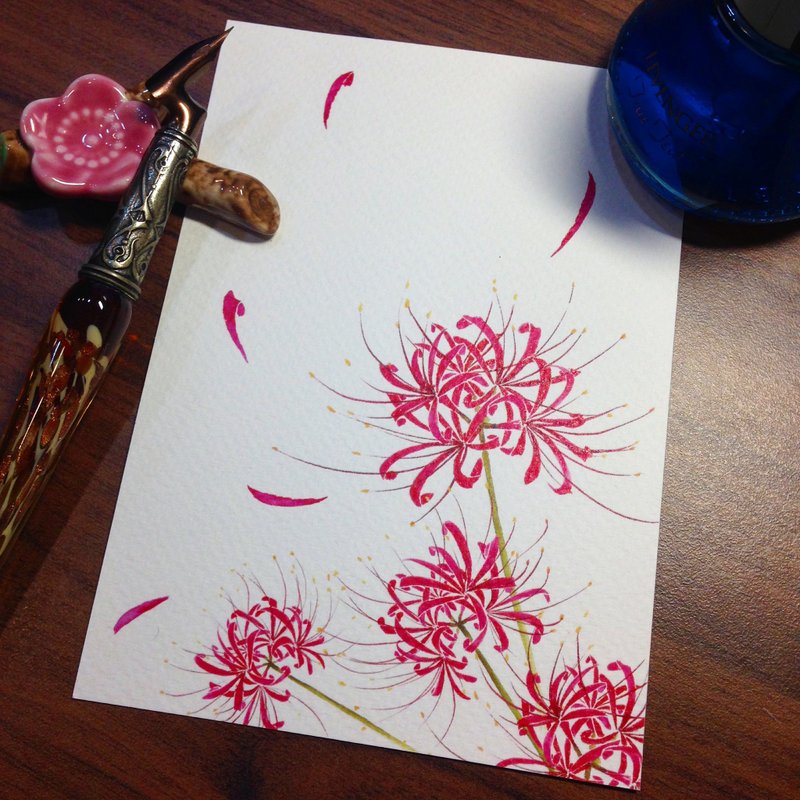 明信片~墨水染画-曼珠沙华 - 卡片/明信片 - 纸 红色