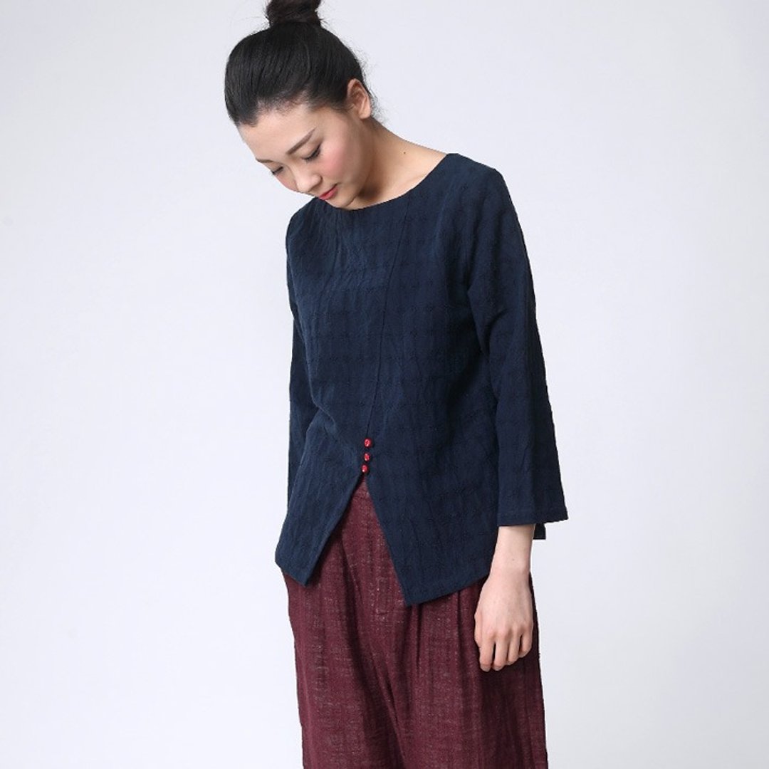 不服 前后两边穿 亚麻镂花套头衫 长袖衬衫   深藍  SH141204 - 女装上衣 - 棉．麻 蓝色