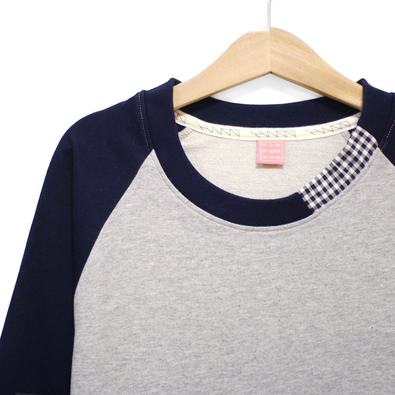 "H-ZOO" 丈青*麻灰＋细格纹领口拼接 七分袖Tee - 女装 T 恤 - 其他材质 灰色