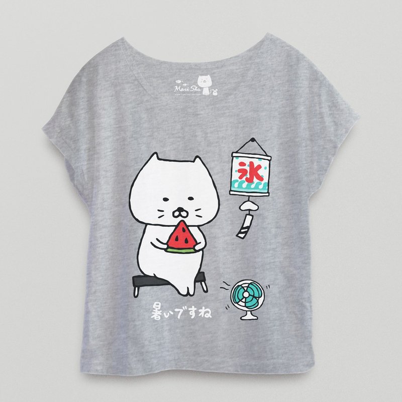 包子猫吃西瓜T-shirt(灰色) - 女装短裤 - 棉．麻 灰色