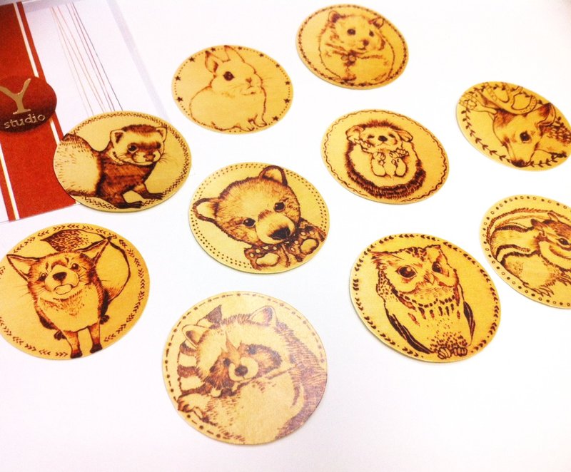 歪的工作室-木烧系动物圆贴 - 贴纸 - 纸 咖啡色