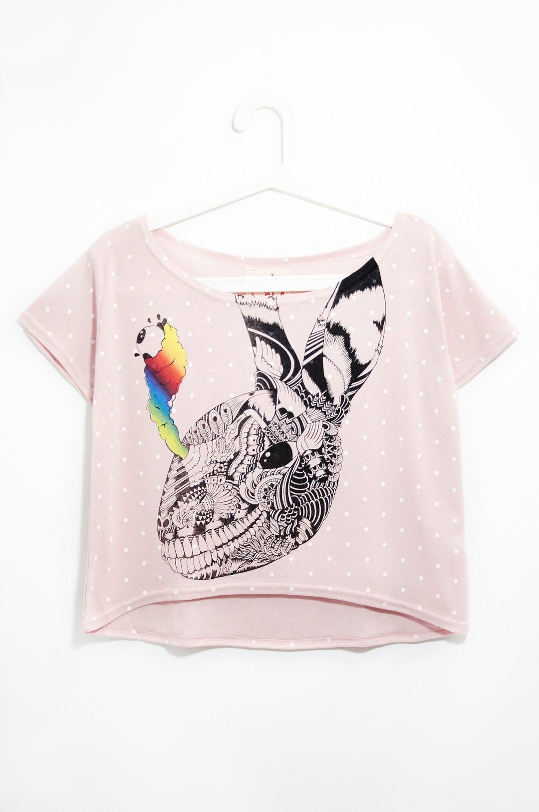 女装 手感夏日短版点点 水玉旅行T  T-shirt 设计上衣- 手绘感爆炸兔( 粉红 ) - 女装 T 恤 - 棉 粉红色