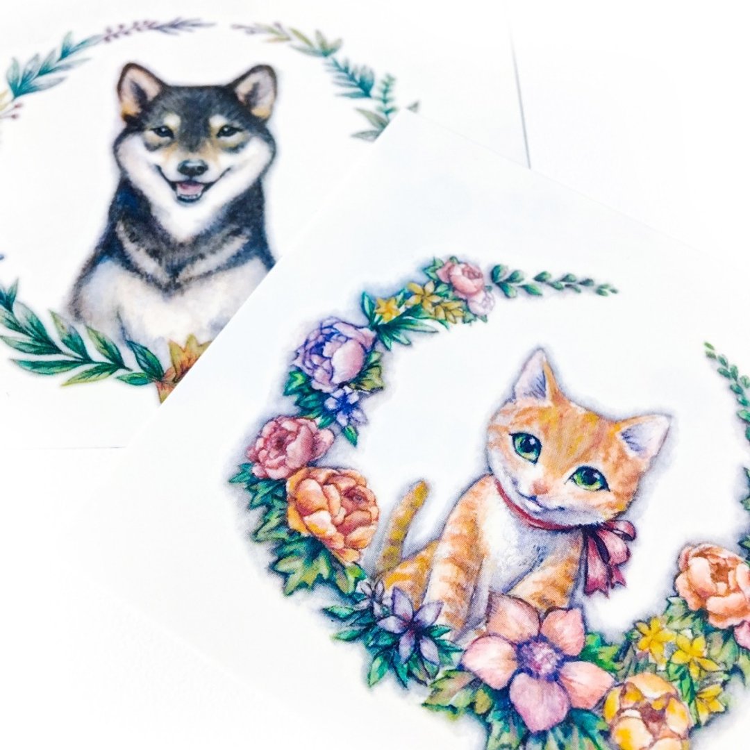 宠物小猫咪柴犬小狗刺青纹身贴纸花草可爱浪漫唯美干燥花原创个性 - 纹身贴 - 纸 多色