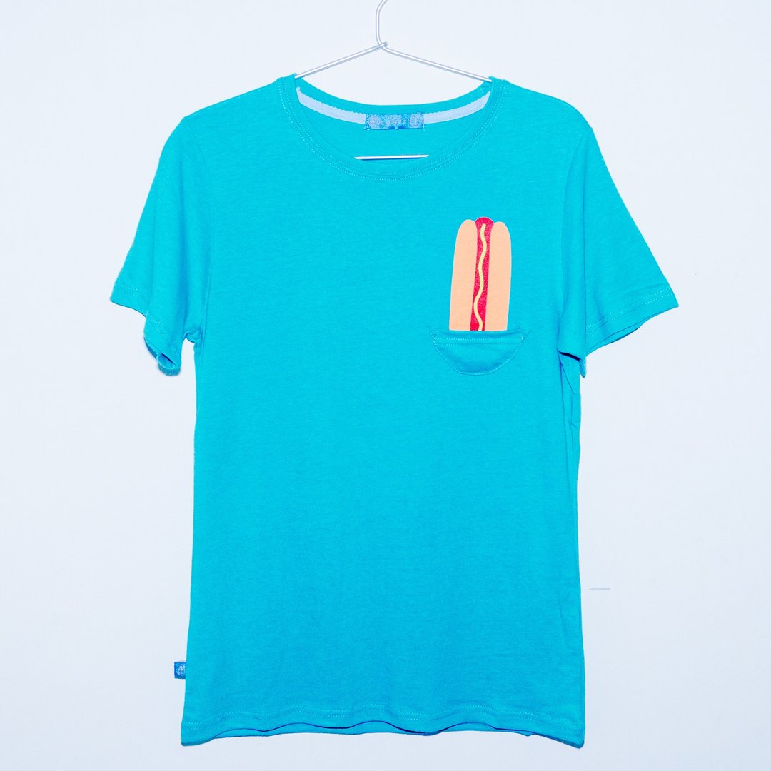 热狗带着走 / 口袋T-shirt - 女装 T 恤 - 棉 蓝色