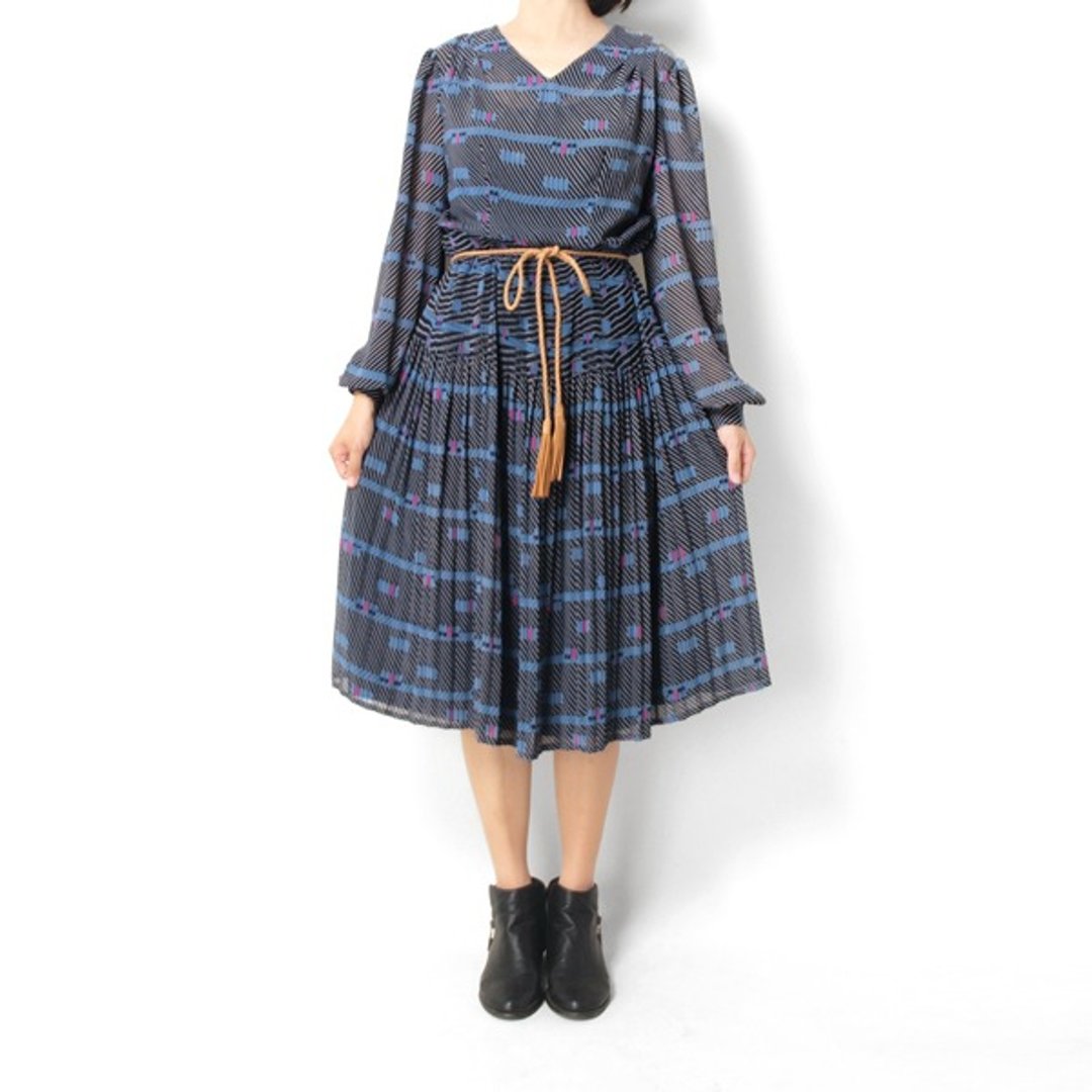 │moderato│日本女孩几何方块百褶古着洋装│日本女孩.个性女朋友.VINTAGE.可爱 - 洋装/连衣裙 - 其他材质 蓝色