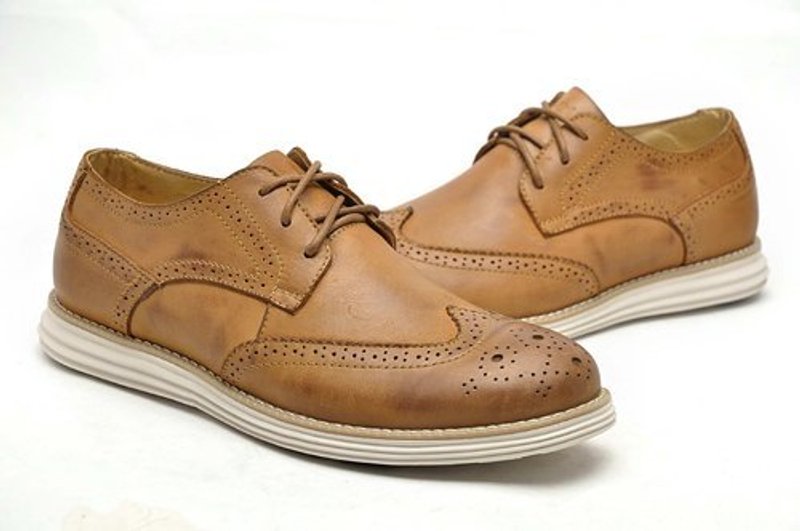 机能性轻量减震舒适真皮透气牛津鞋 WINGTIPS焦糖棕 - 男款休闲鞋 - 真皮 咖啡色