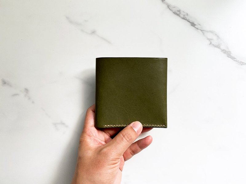 手工缝制复古绿色双材质牛皮四卡片短皮夹 - 皮夹/钱包 - 真皮 绿色