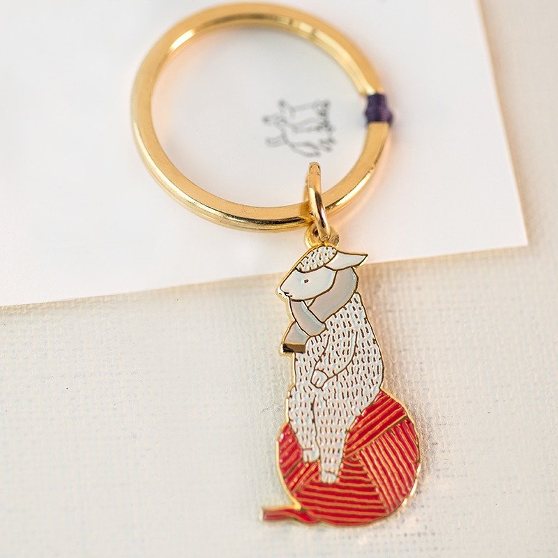 SH54 羊 钥匙圈 金 x 白围巾 x 红色毛线球 - 钥匙链/钥匙包 - 其他金属 红色