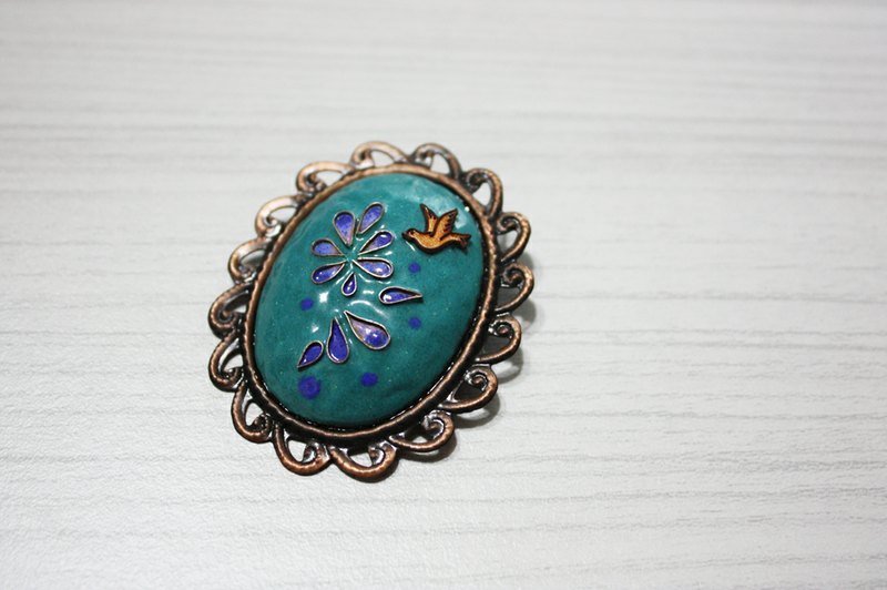 早晨的鸟儿 (珐琅别针) - 胸针 - 其他金属 绿色