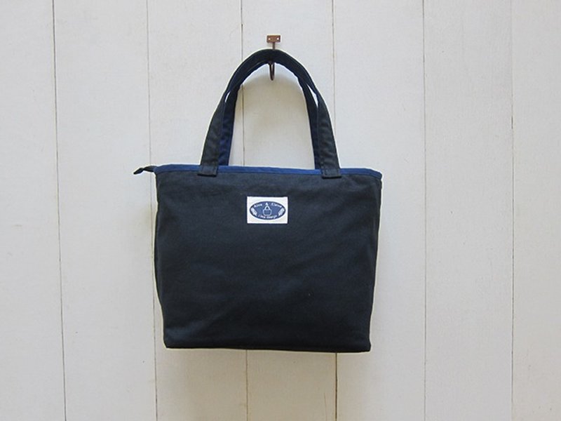 马卡龙系列-帆布中号托特包(拉链开口+外后贴袋+外侧拉链袋+内水壶袋)  黑+海军蓝 - 侧背包/斜挎包 - 其他材质 多色