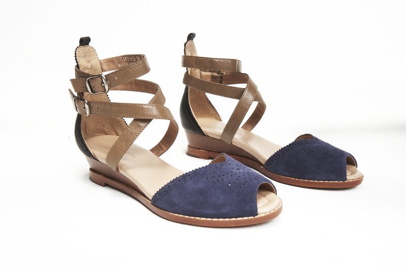► Lea ｜ wedge sandals ● 　　　　　绑带式低跟楔形凉鞋-蓝 - 女款休闲鞋 - 真皮 蓝色