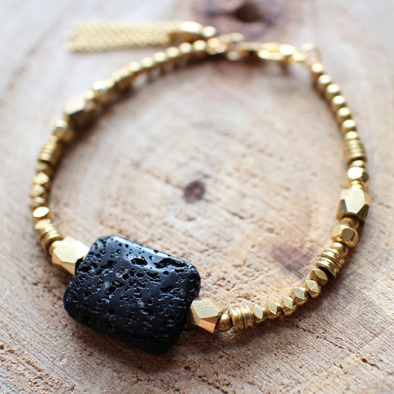 Muse自然风系列NO.24黑色长方型火山熔岩黄铜手链 - 手链/手环 - 其他材质 黑色