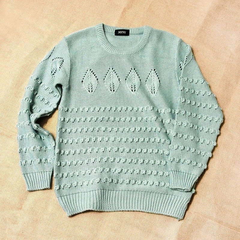 小牛村 Calf Village 古着 vintage 高分子毛衣 针织衫 植物织纹 {森林芬多精} 浅蓝绿 - 女装针织衫/毛衣 - 羊毛 绿色