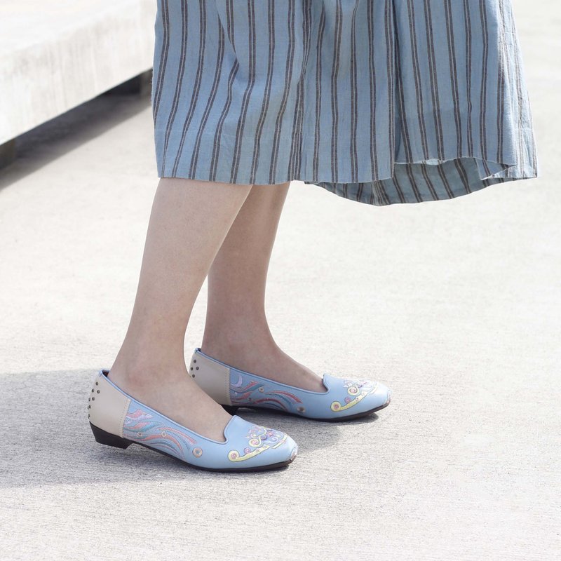 刺绣剑狮乐福低跟鞋- 海的守护/水蓝 - 女款牛津鞋/乐福鞋 - 真皮 蓝色