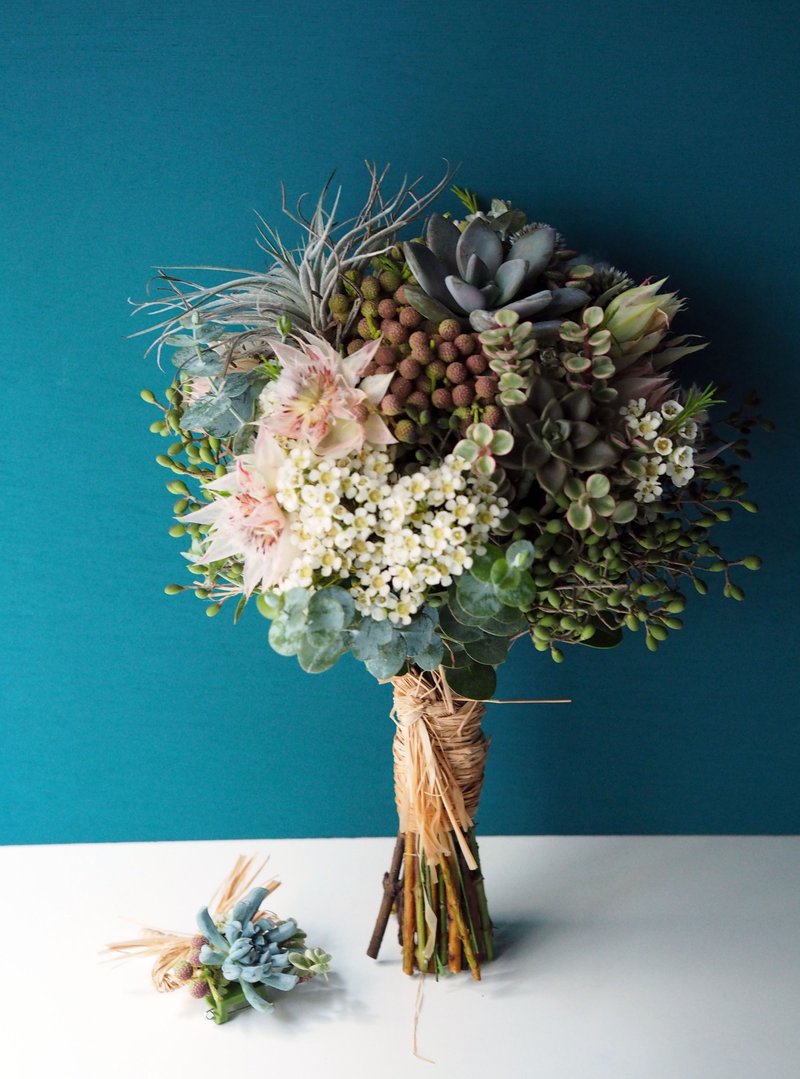 《新娘捧花》自然茎定制化新娘捧花 (多肉系列) + 新郎胸花 - 胸针 - 植物．花 多色